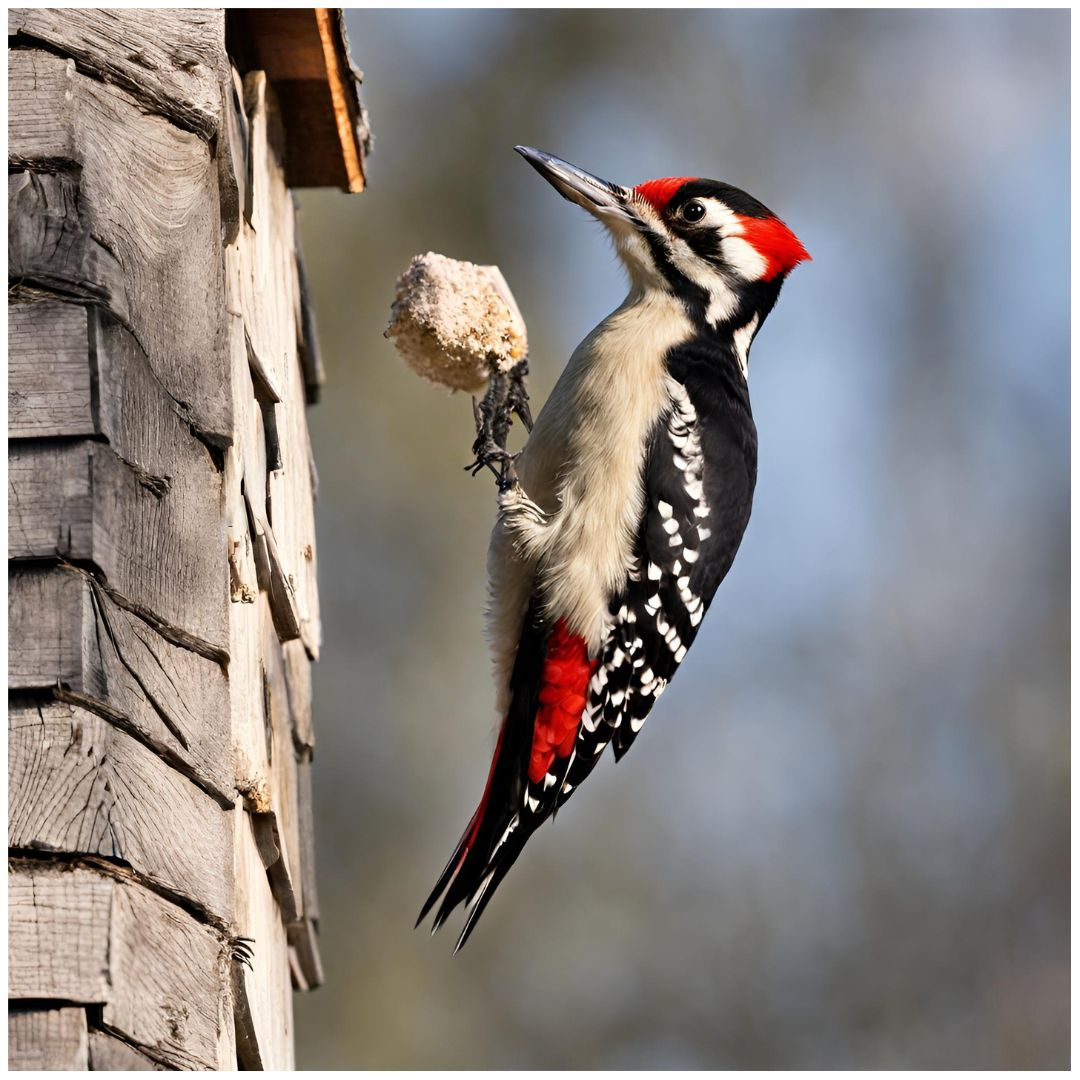A person using a shiny object to scare away a woodpecker