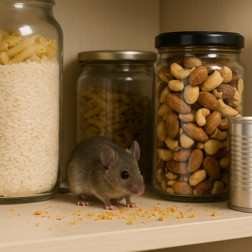 Mouse in a pantry surrounded by crumbs of food