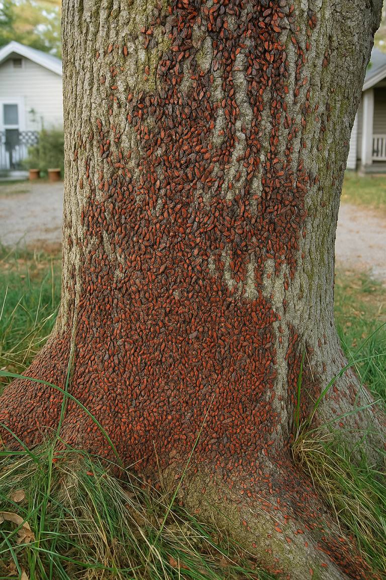 A large cluster of boxelder bugs on the base of a tree.