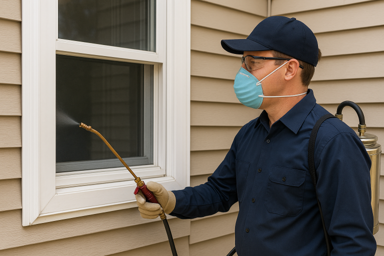 A pest technician is spraying the exterior windowsill of a house.