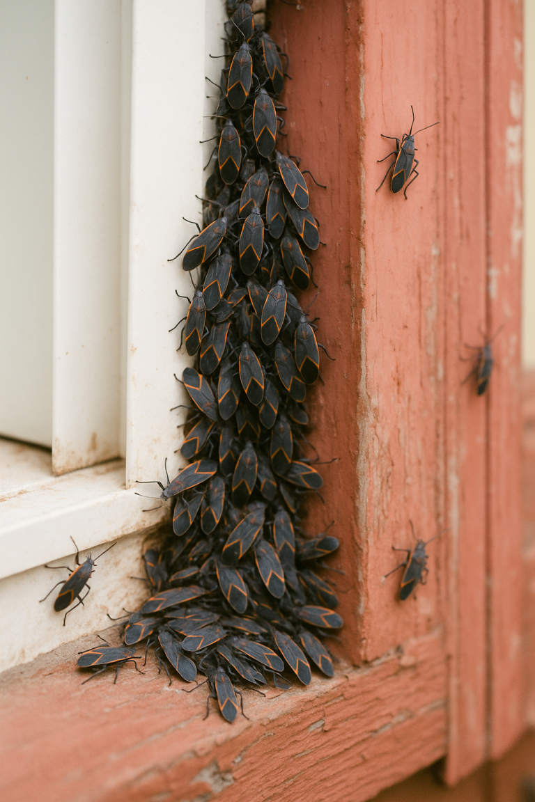 Boxelder bugs cluster together on an exterior windowsill.