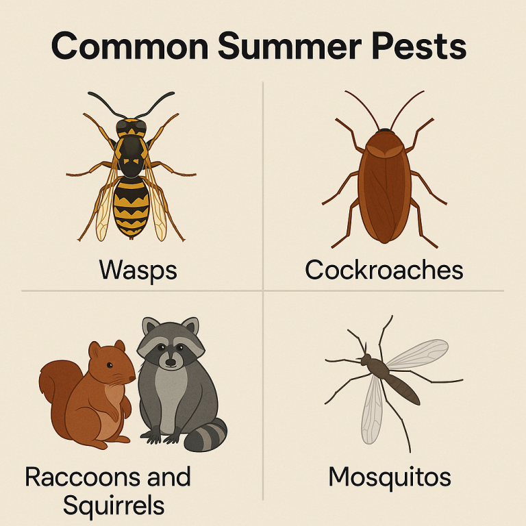 A rendered image of common summer pests in Hamilton, Ontario. The image shows wasps, cockroaches, raccoons and squirrels, and mosquitos.