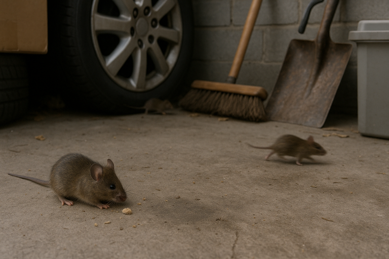 Mice run around the garage of a house.