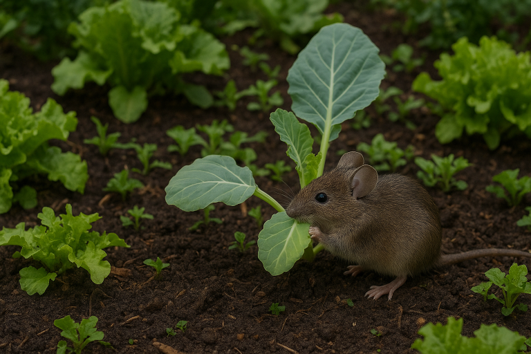 A mouse is eating the vegetation of a vegetable garden.