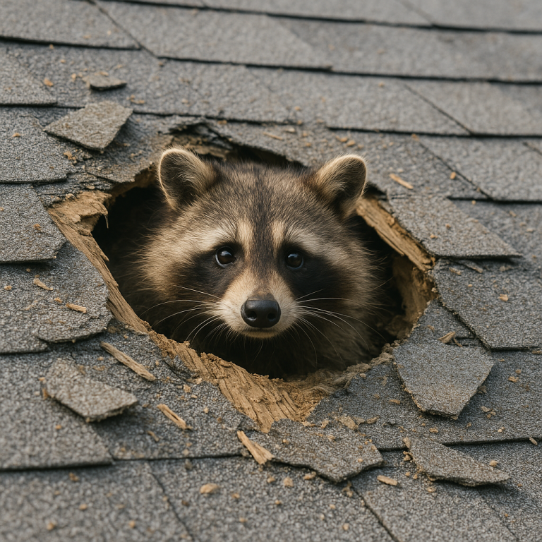 A raccoon is poking its head out of a hole on the roof of the house. Shingle debris is laying around the hole.