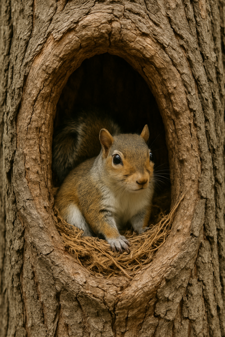 A squirrel nests inside a hollow tree.