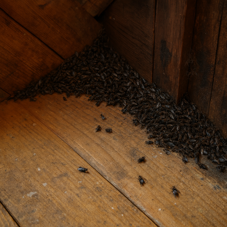 A group of cluster flies is grouped together in the corner of an attic.