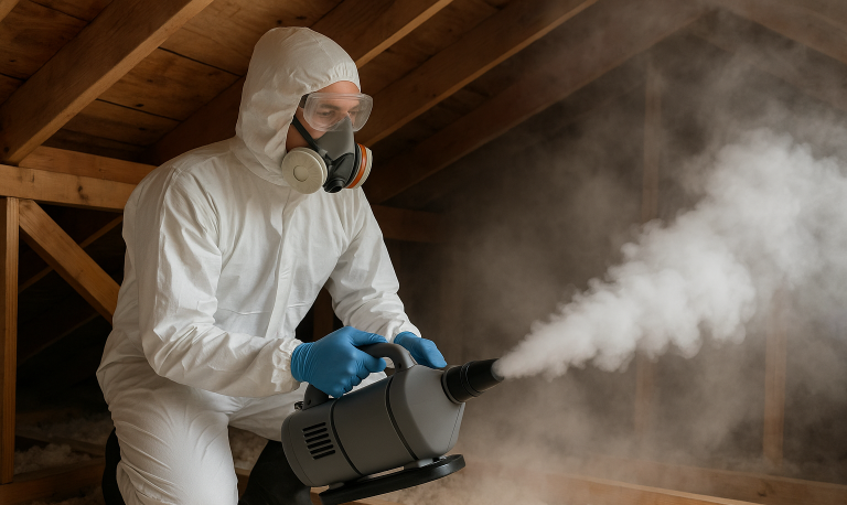 A pest technician is fogging an attic for cluster flies.