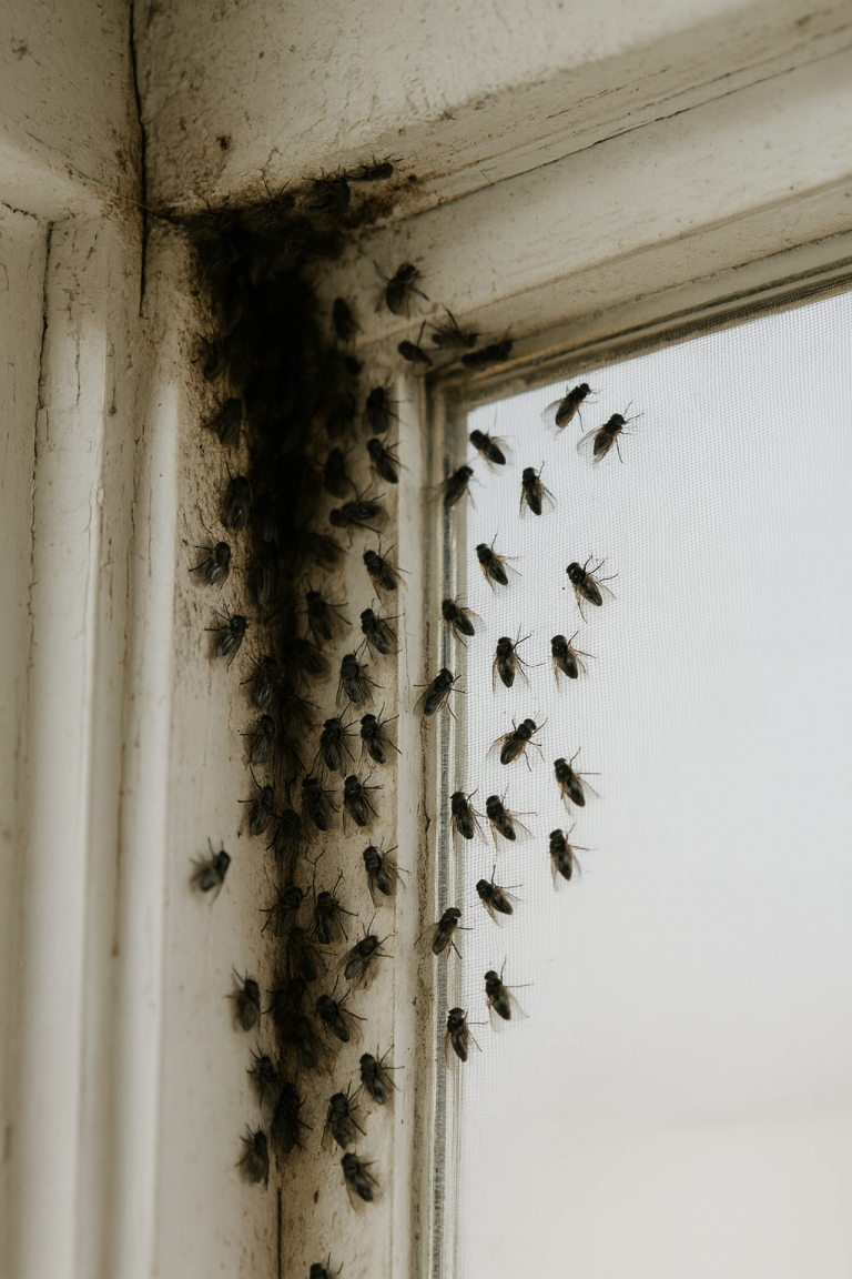 Cluster flies gather together in the corner of a windowsill.