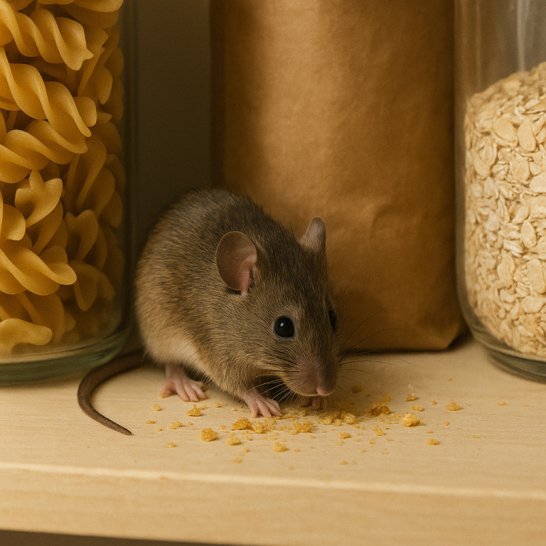 A mouse is eating crumbs from a kitchen pantry.
