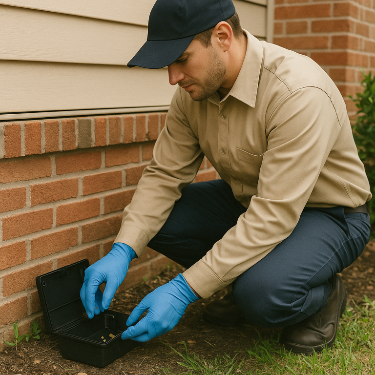 A technician is placing a bait station for rodents outside a home.