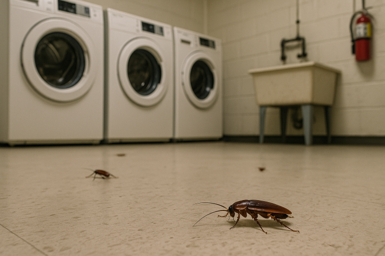 Roaches crawl on the floor of an apartment building laundry room.