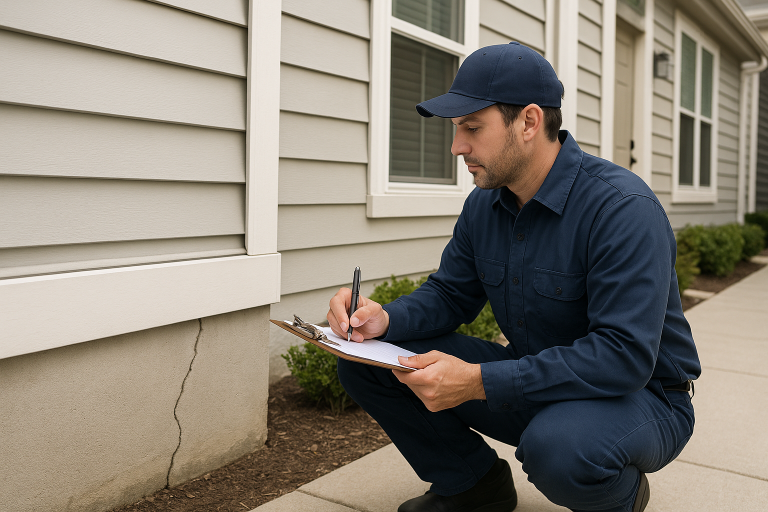 A pest technician crouches beside a crack in the foundation of the house as they take notes on a clipboard.