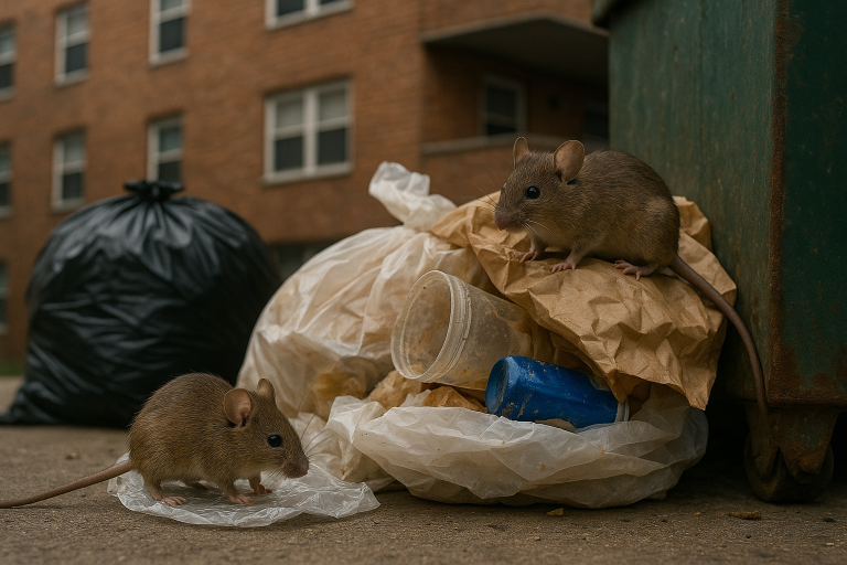 Mice are scavenging through a pile of garbage left beside the dumpster of an apartment building.