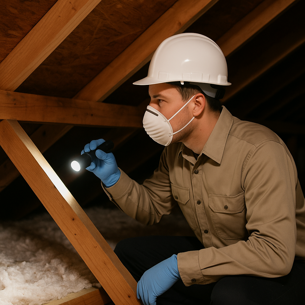 A technician is performing a wildlife inspection in an attic.