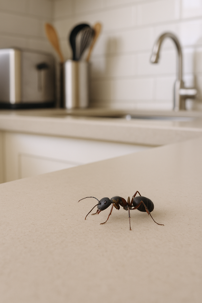 A scouting ant searches for food sources in the kitchen of a house.