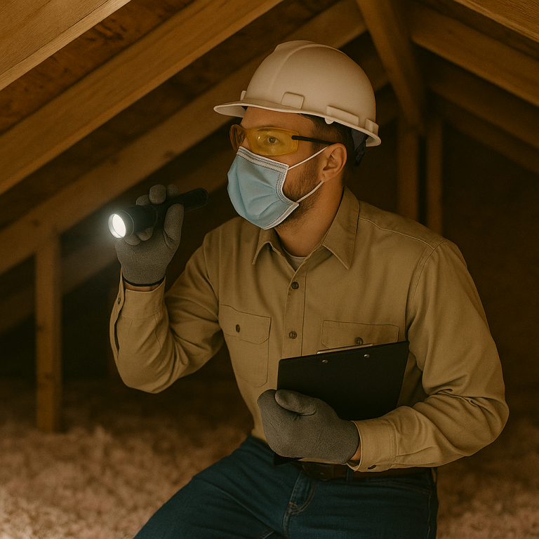 A wildlife technician is performing an attic inspection.