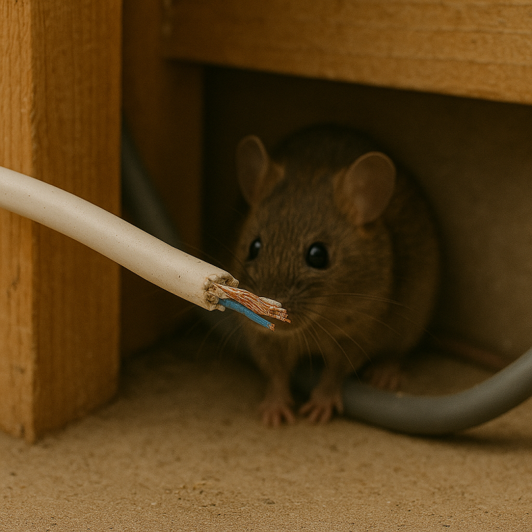 A mouse stands behind an exposed wire that has been chewed on.
