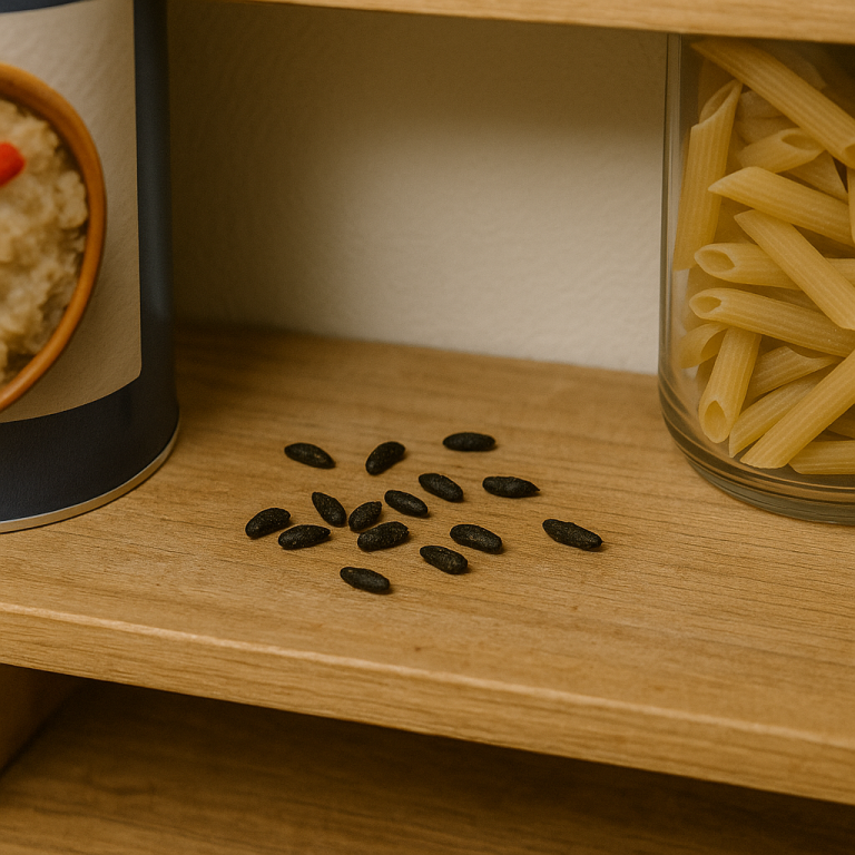 A kitchen pantry with rodent droppings amongst the jars of food.