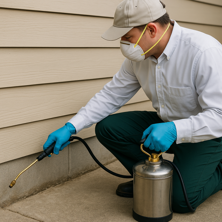 A pest technician is spraying the exterior foundation of a house for insects.