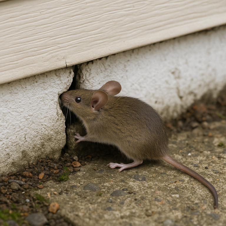A mouse is entering a crack in the foundation of a house.