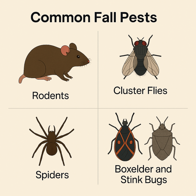 A rendered image of common fall pests in Hamilton, Ontario. The image shows rodents, cluster flies, spiders, and boxelder and stinkbugs.