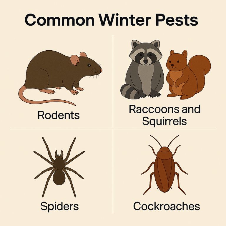 A rendered image of common winter pests in Hamilton, Ontario. The image shows rodents cockroaches, raccoons and squirrels, and spiders.