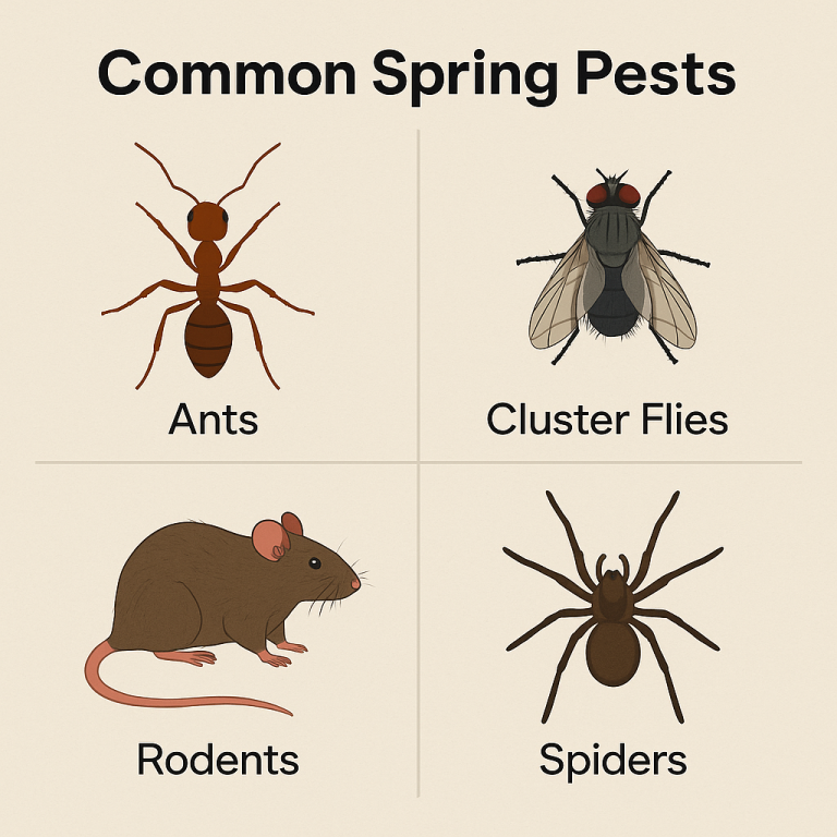 A rendered image of common spring pests in Hamilton, Ontario. The image shows ants, cluster flies, rodents, and spiders.