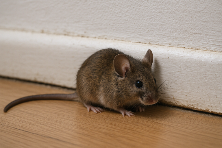 A mouse inside a house, standing beside the baseboard.
