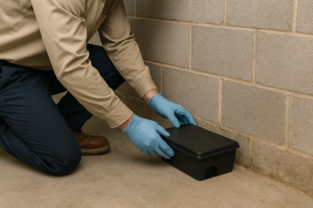 A technician places a rodent bait station in the basement of a house.