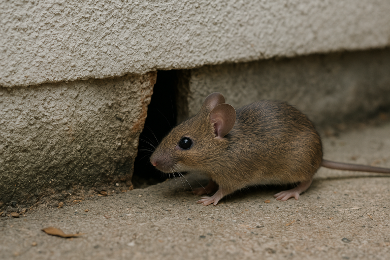 A mouse is entering a house through a crack in the exterior foundation.