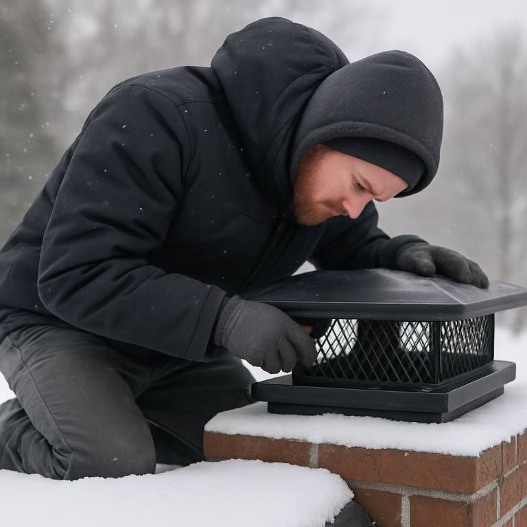 A technician secures a chimney cap on a snowy rooftop.