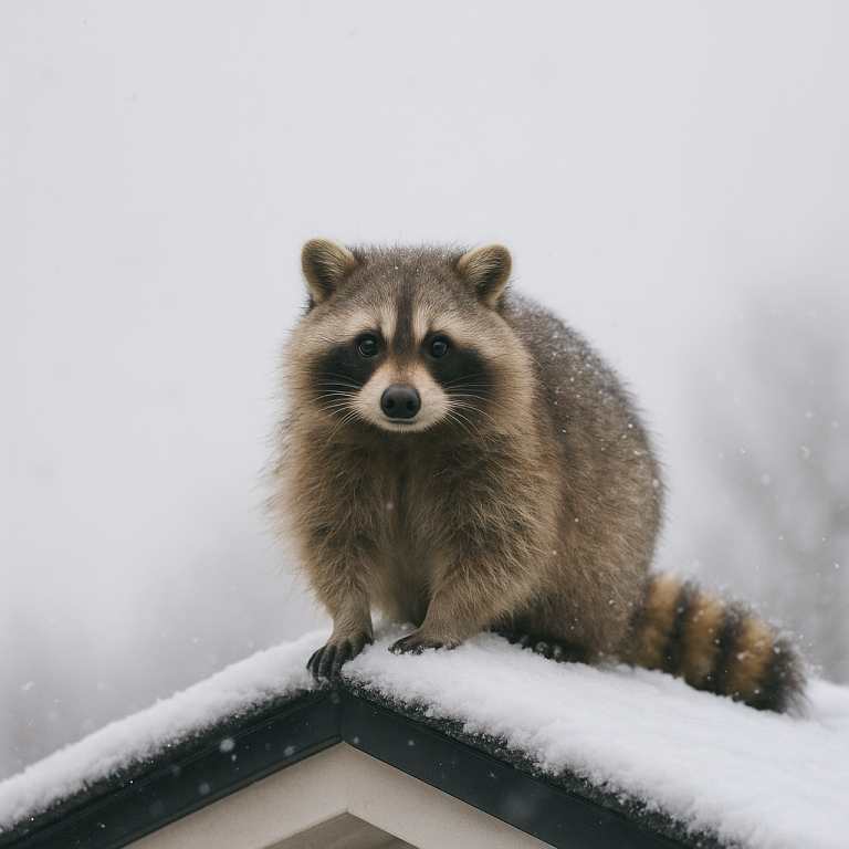 A raccoon sits on the peak of a snowy rooftop.
