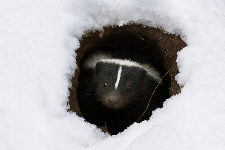 A skunk pokes its head out of its winter den as snow surrounds the entrance.