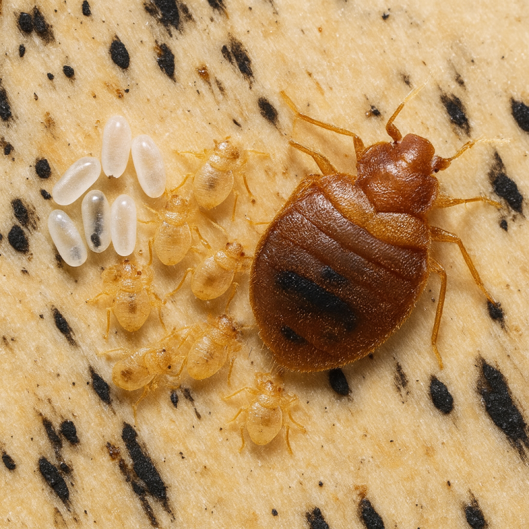 An adult bedbug beside a group of bedbug nymphs and bedbug eggs.