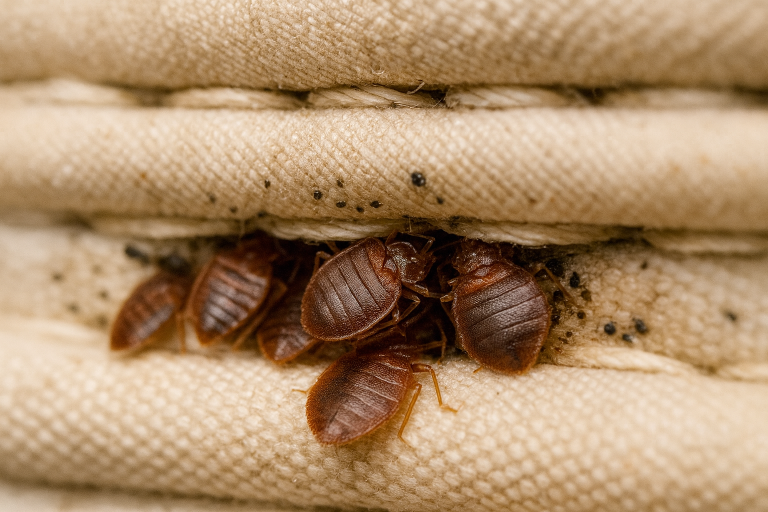 A cluster of bedbugs in an infested mattress.