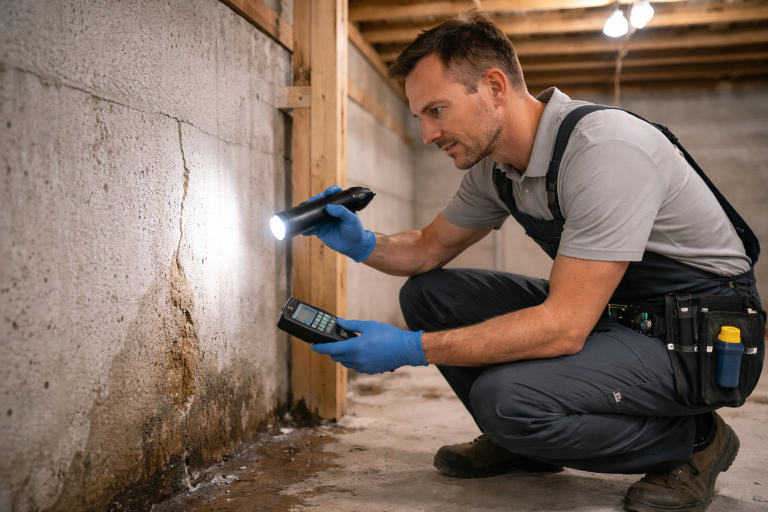 A technician is performing an interior basement inspection for signs of moisture.