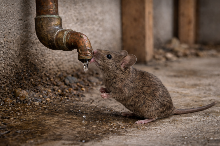A mouse drinks from a leaky pipe in an unfinished basement.