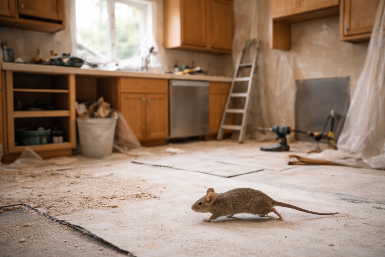 A mouse runs across the floor of kitchen that is being renovated.