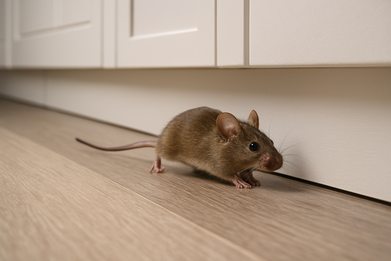 A mouse running across a kitchen floor.