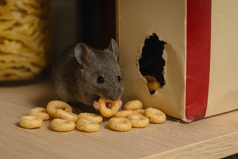 A mouse eats cereal in a pantry beside a cereal box with a chewed hole.