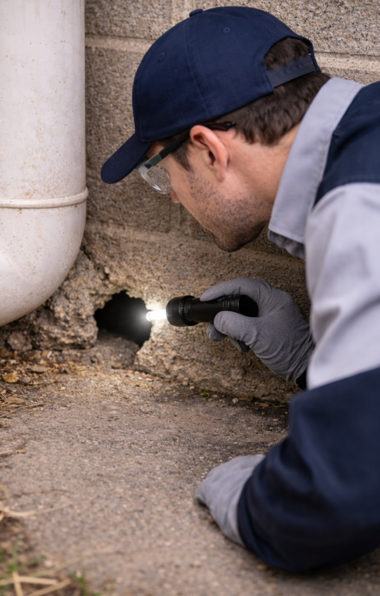 A technician inspects an entry point for rodents.