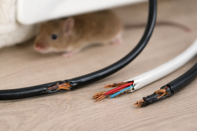 A mouse hides in the background beside some chewed wires.
