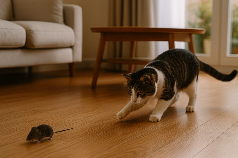 A cat chases a mouse in the living room of a house.