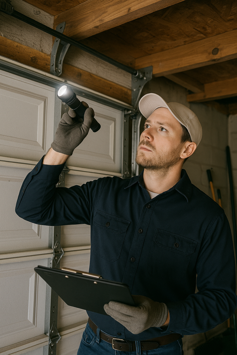 A technician performs an inspection in the garage of a house.
