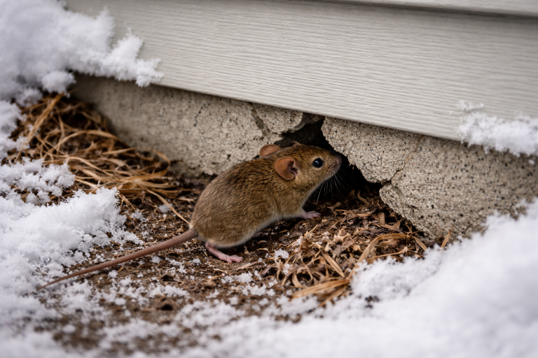 A mouse sneaking into a house through a crack in the foundation.