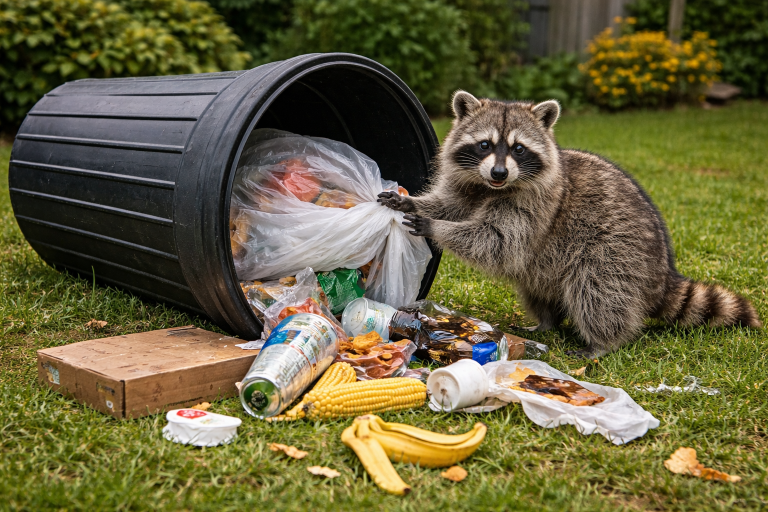A raccoon rummages through the trash.