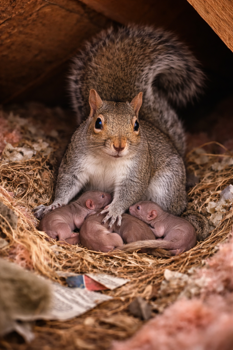A squirrel nesting in an attic with it's babies.