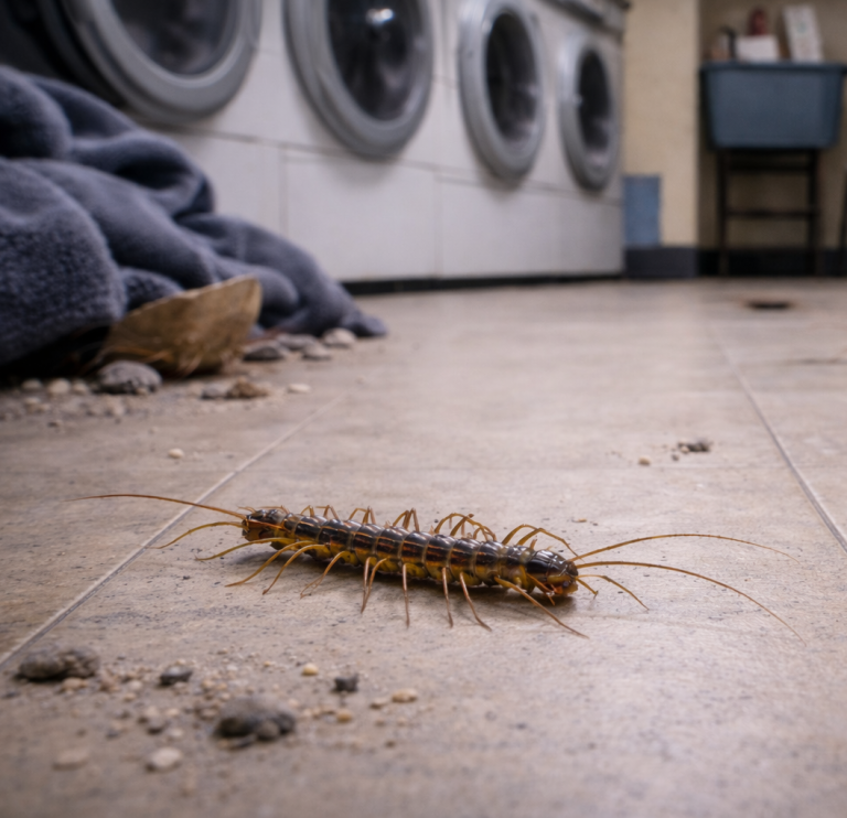 A couple centipedes crawl on the dirty floor of a shared laundry room.