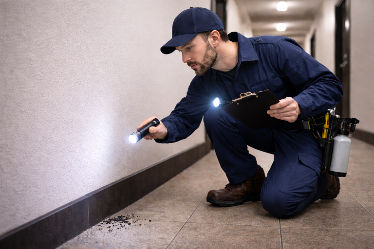 A professional technician inspects the hallway of an apartment building for signs of pest activity.